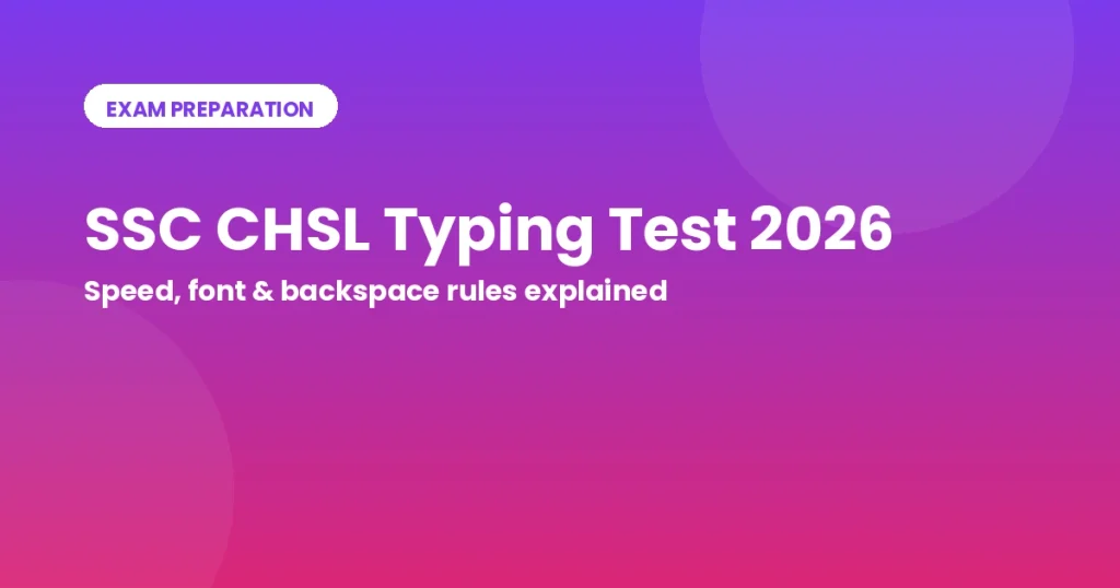 SSC CHSL Typing Test 2026 exam preparation banner showing speed, font, and backspace rules for India Typing Online